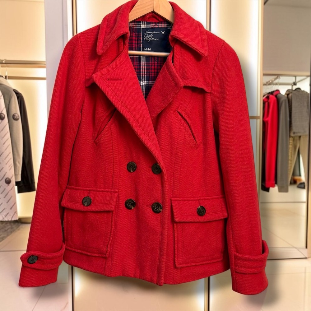 American Eagle Outfitters Red Wool Blend Double Breasted Pea Coat Jacket Medium